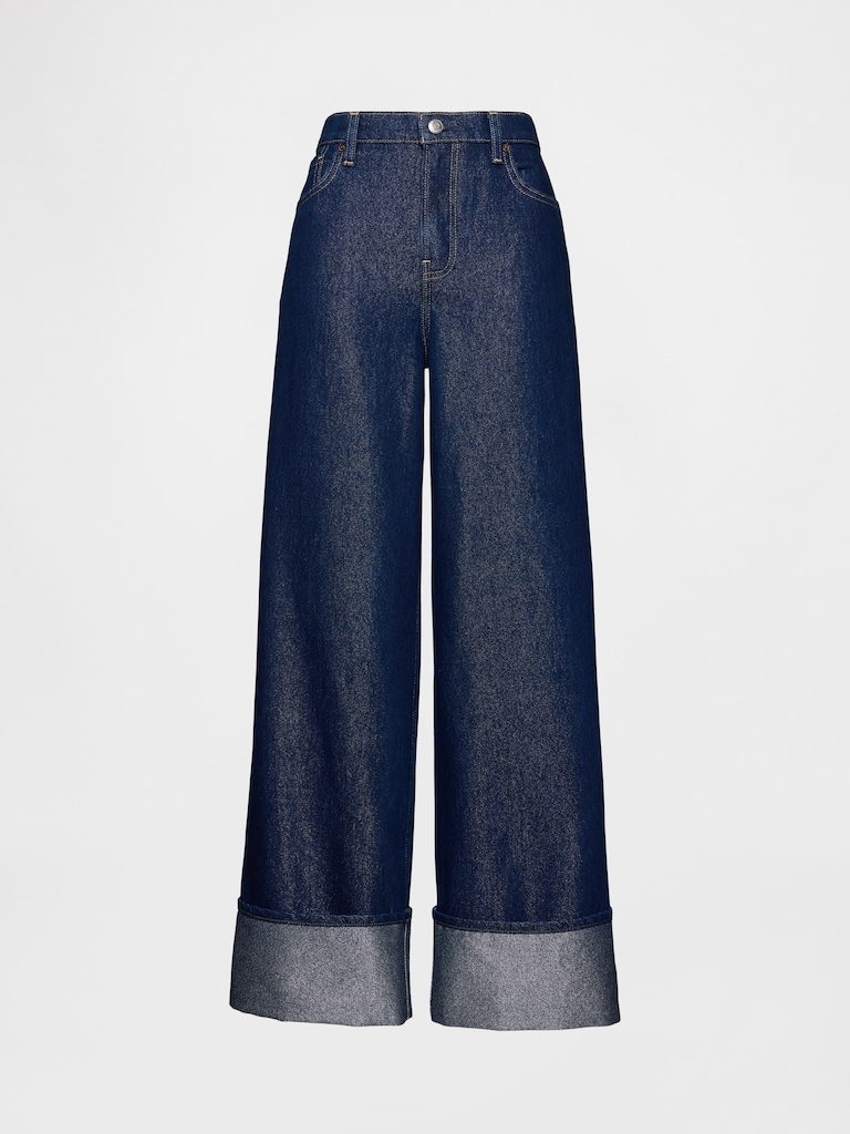 Mid Rise Metallic Cuffed Baggy Jeans