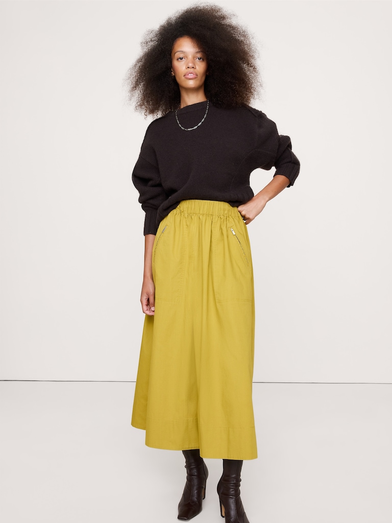 Stretch-Cotton Utility Midi Skirt