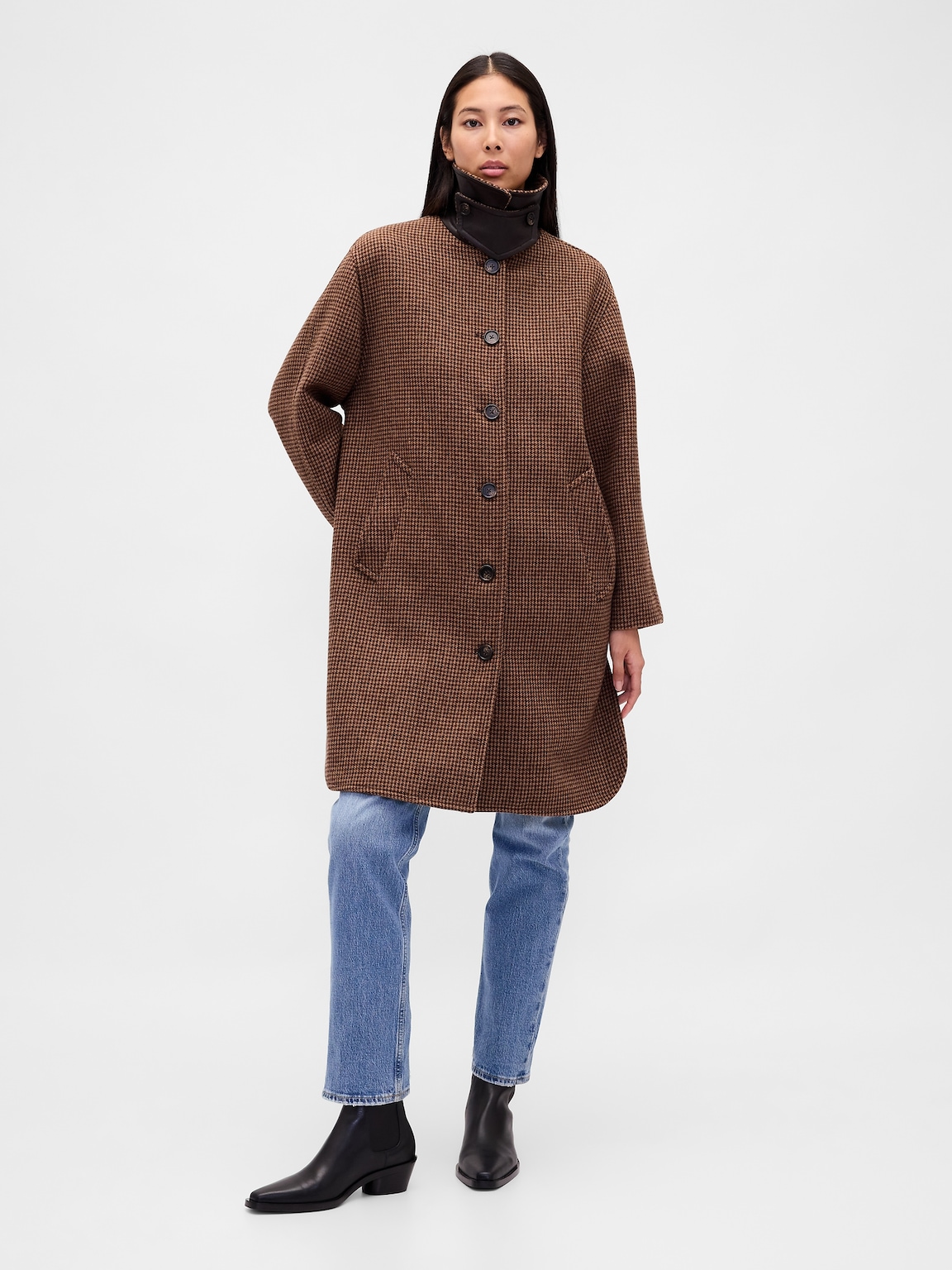 Wool-Blend Oversized Houndstooth Car Coat