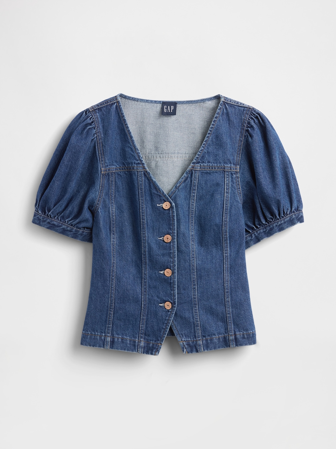 Denim Puff-Sleeve Seamed Top