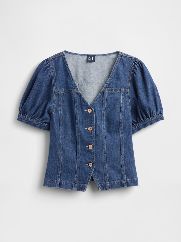 Denim Puff-Sleeve Seamed Top
