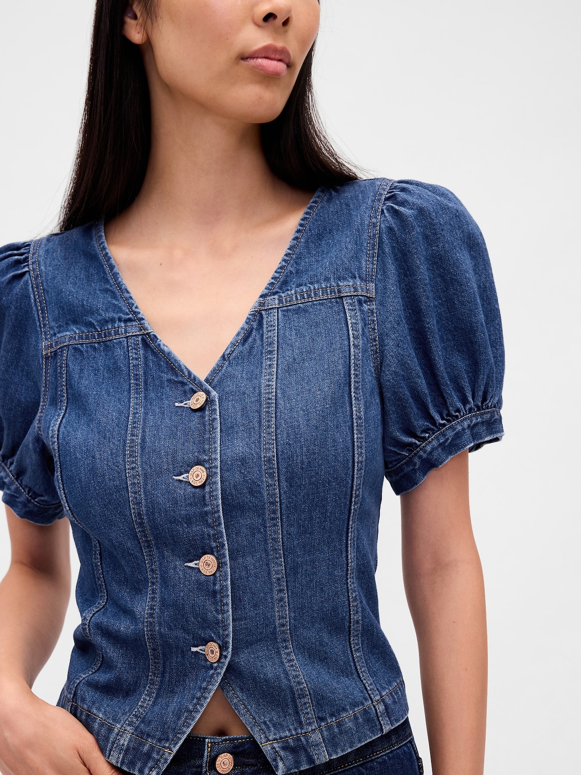 Denim Puff-Sleeve Seamed Top