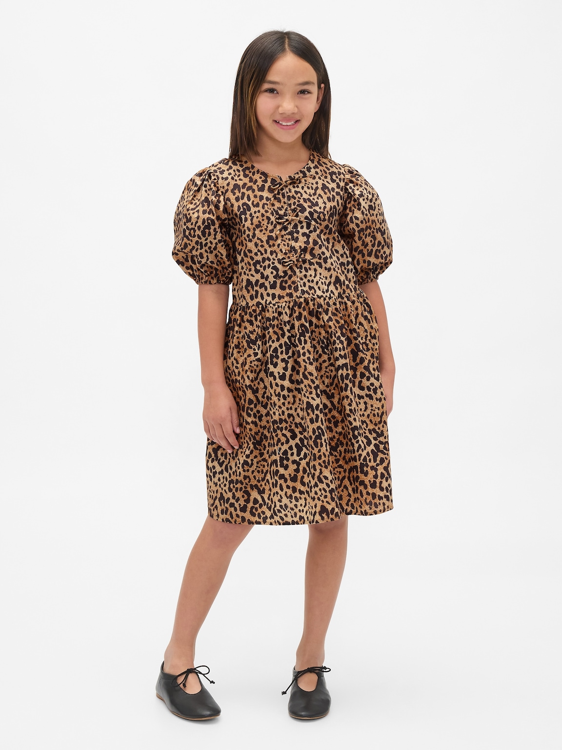 Kids Poplin Puff-Sleeve Leopard Dress