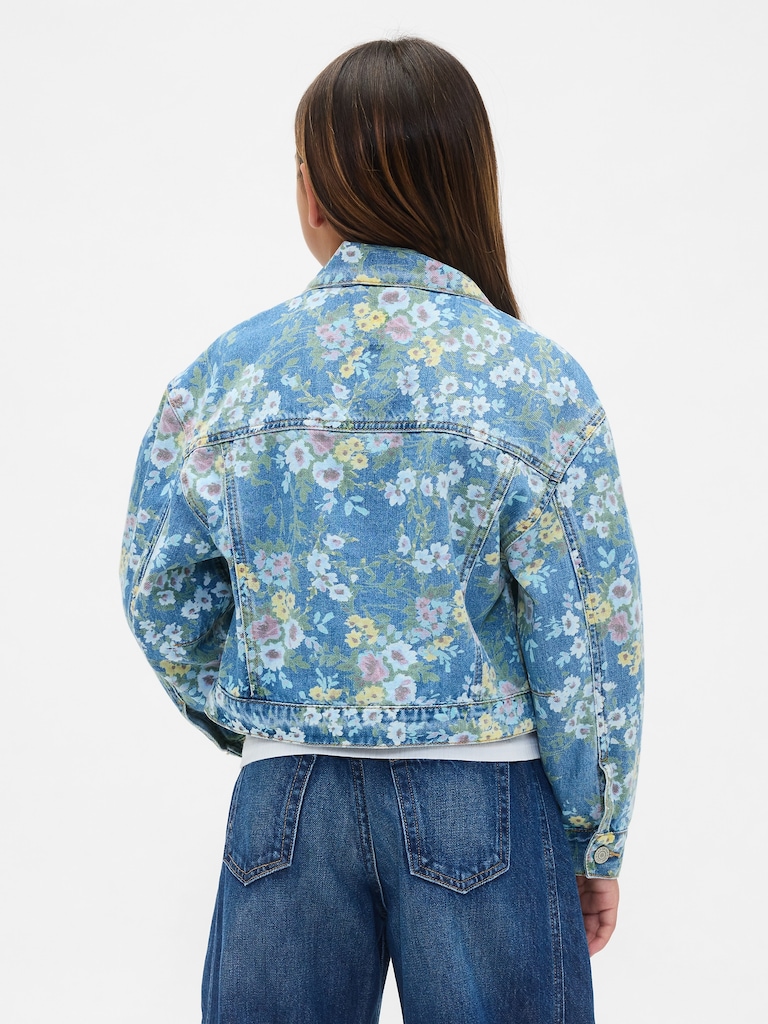Kids Balloon-Sleeve Floral Denim Jacket
