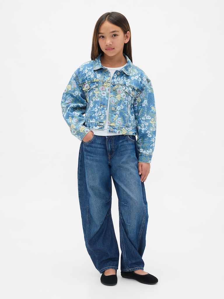 Kids Balloon-Sleeve Floral Denim Jacket