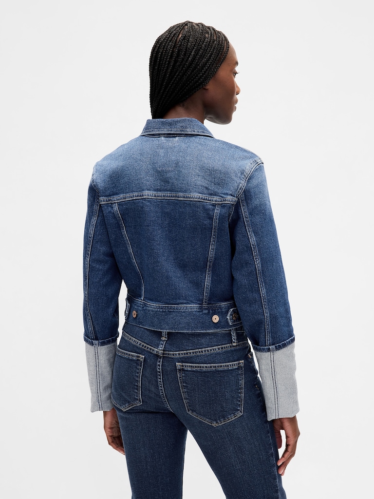 Pin-Cuff Crop Icon Denim Jacket