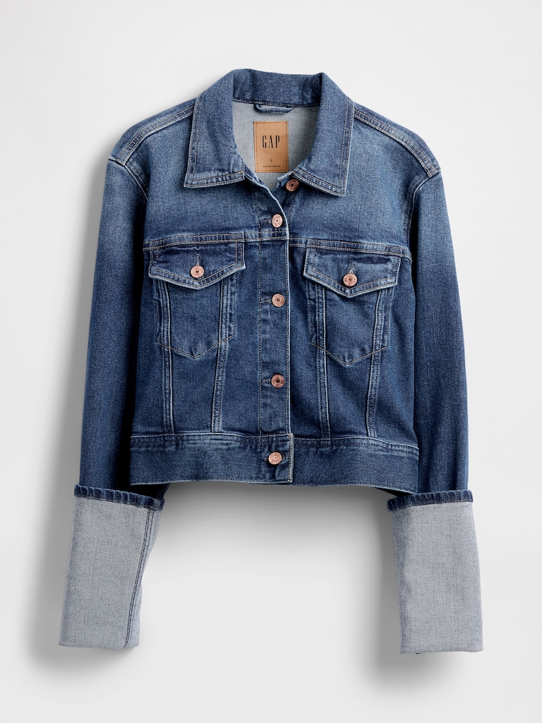 Pin-Cuff Crop Icon Denim Jacket