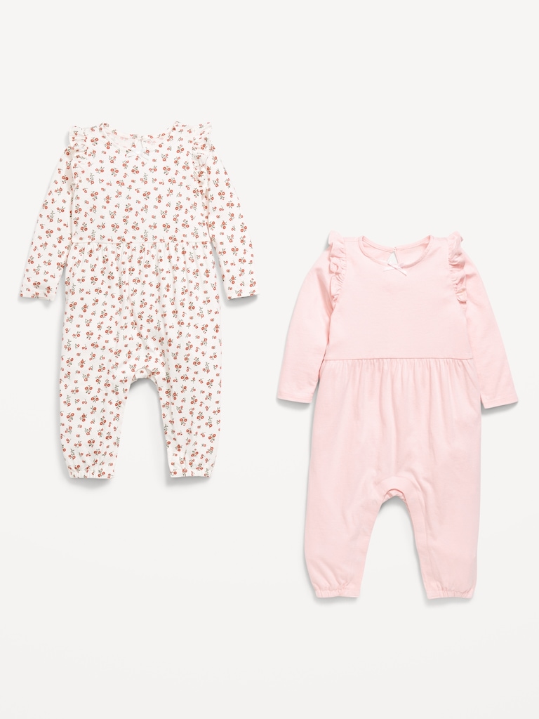 Printed Long-Sleeve Ruffle-Trim One-Piece 2-Pack for Baby