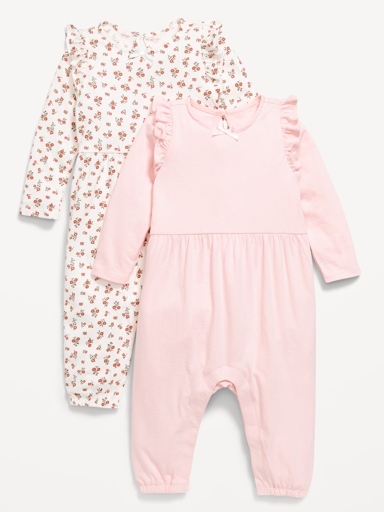 Printed Long-Sleeve Ruffle-Trim One-Piece 2-Pack for Baby