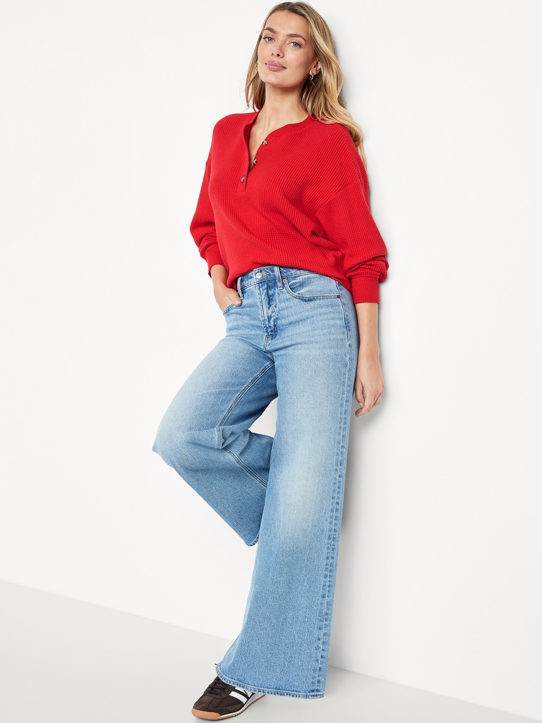 Oversized Cozy Waffle Henley Top