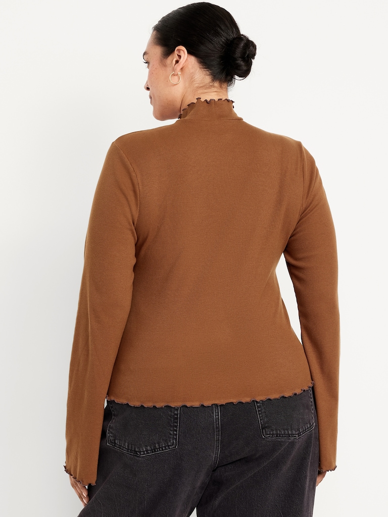 Mock-Neck Lettuce-Edge Rib Top