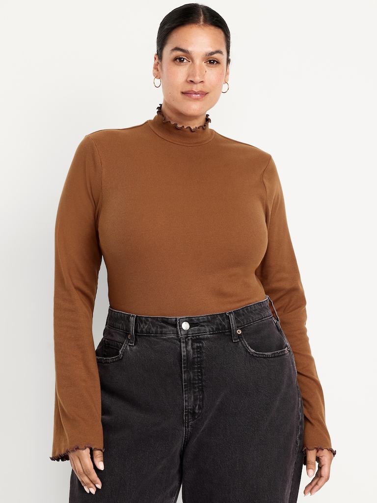 Mock-Neck Lettuce-Edge Rib Top