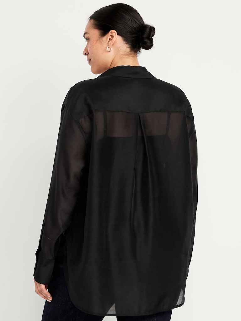 Loose Button-Down Organza Tunic Shirt
