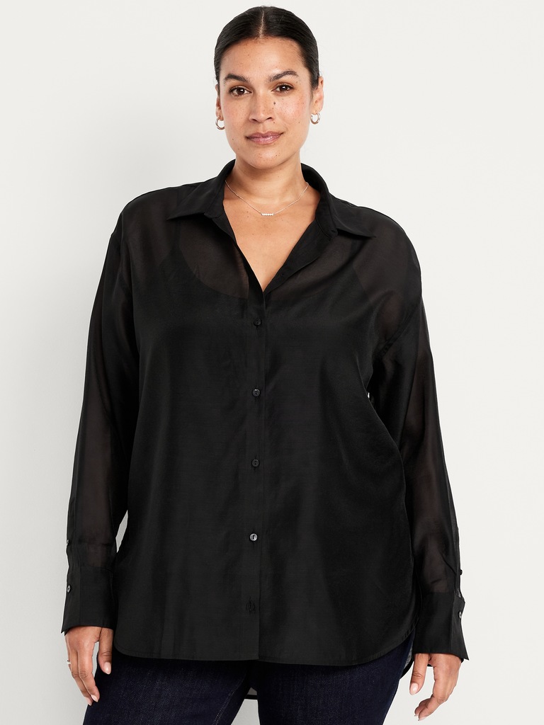 Loose Button-Down Organza Tunic Shirt