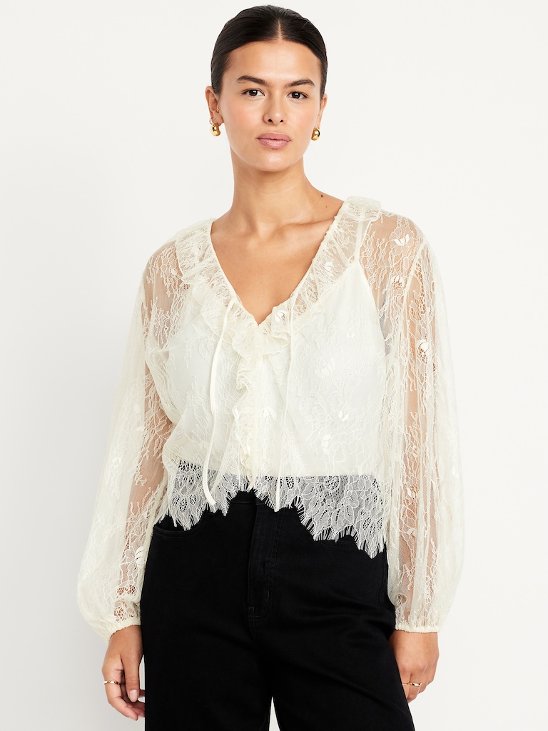 Long-Sleeve Lace V-Neck Lined Top