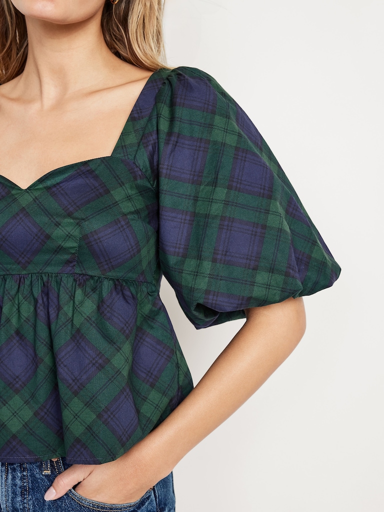 Puff-Sleeve Plaid Poplin Peplum Top