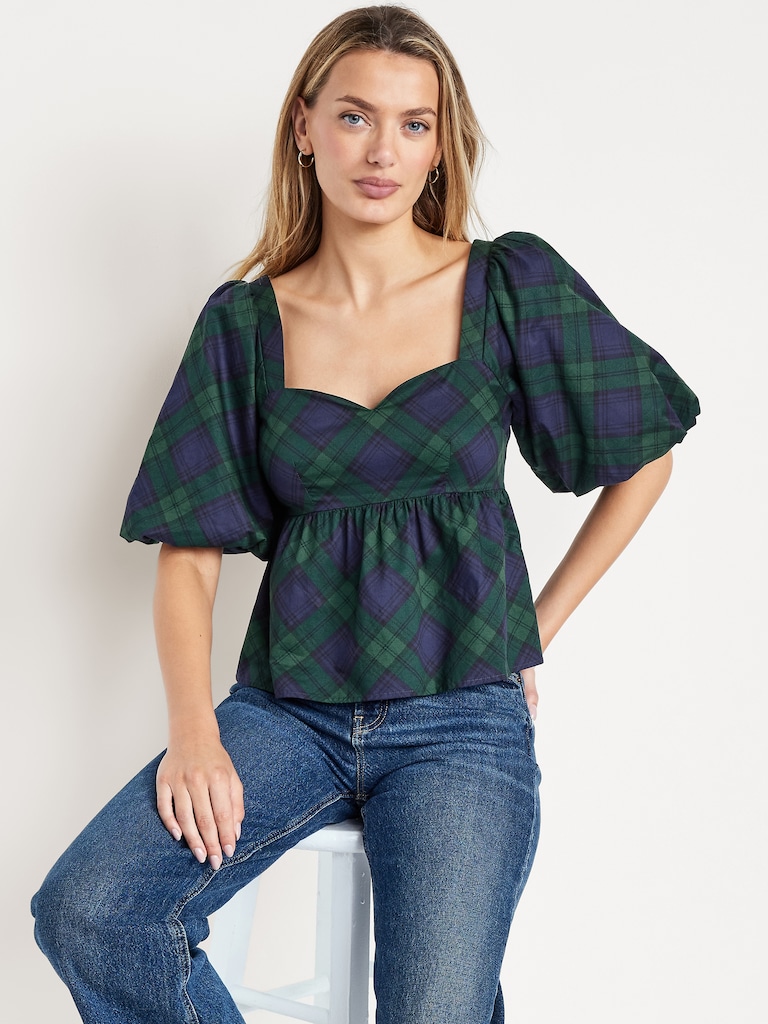 Puff-Sleeve Plaid Poplin Peplum Top