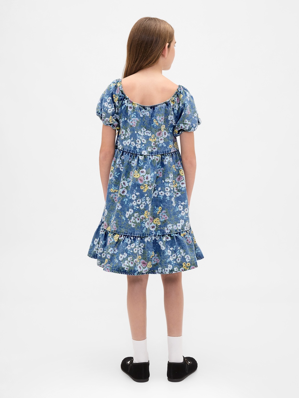 Kids Denim Puff-Sleeve Floral Dress