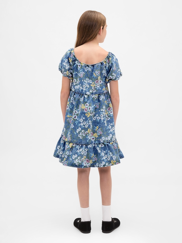 Kids Denim Puff-Sleeve Floral Dress