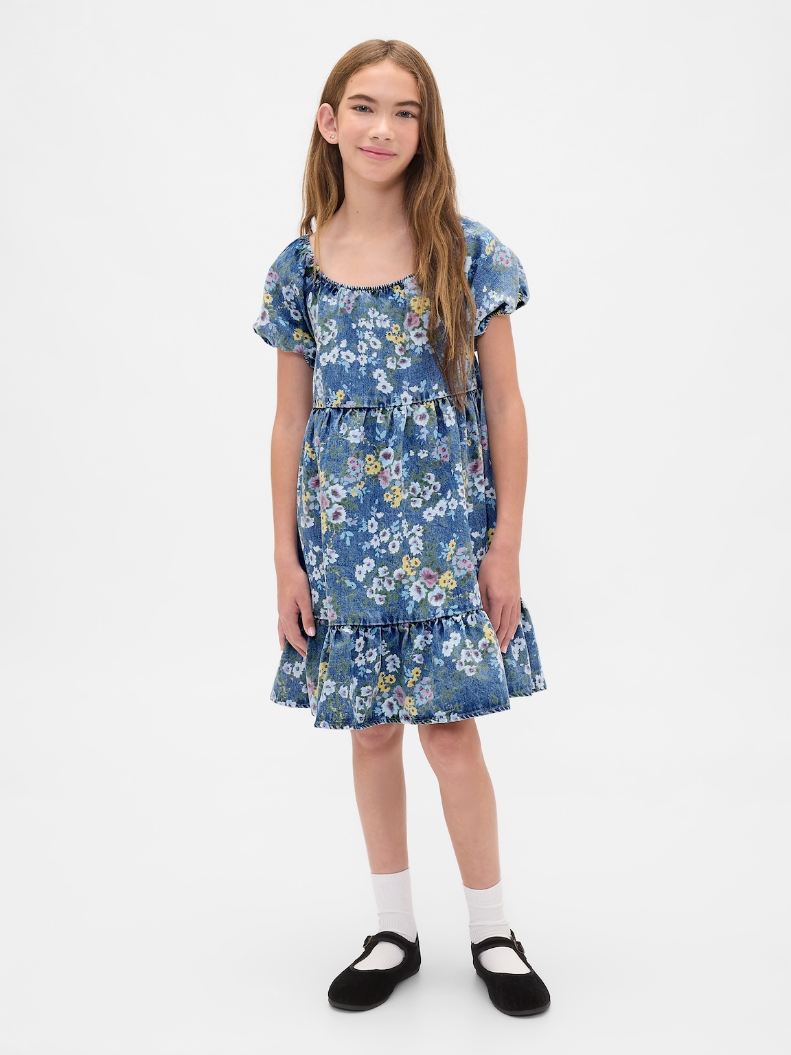Kids Denim Puff-Sleeve Floral Dress