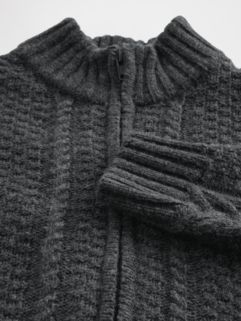 Wool-Blend Cable-Knit Zip Cardigan Sweater