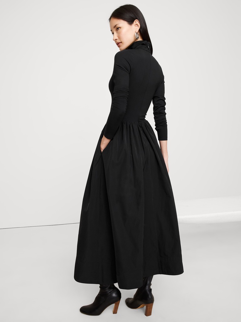Taffeta Combo Turtleneck Maxi Dress