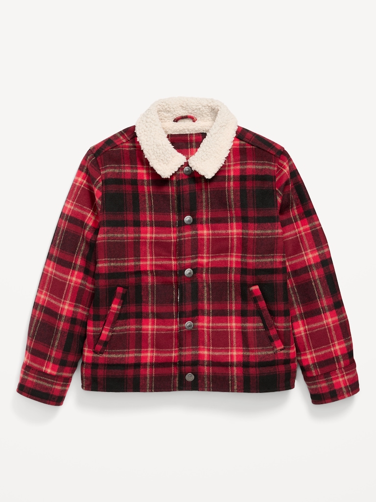 Sherpa-Lined Plaid Twill Trucker Jacket for Boys