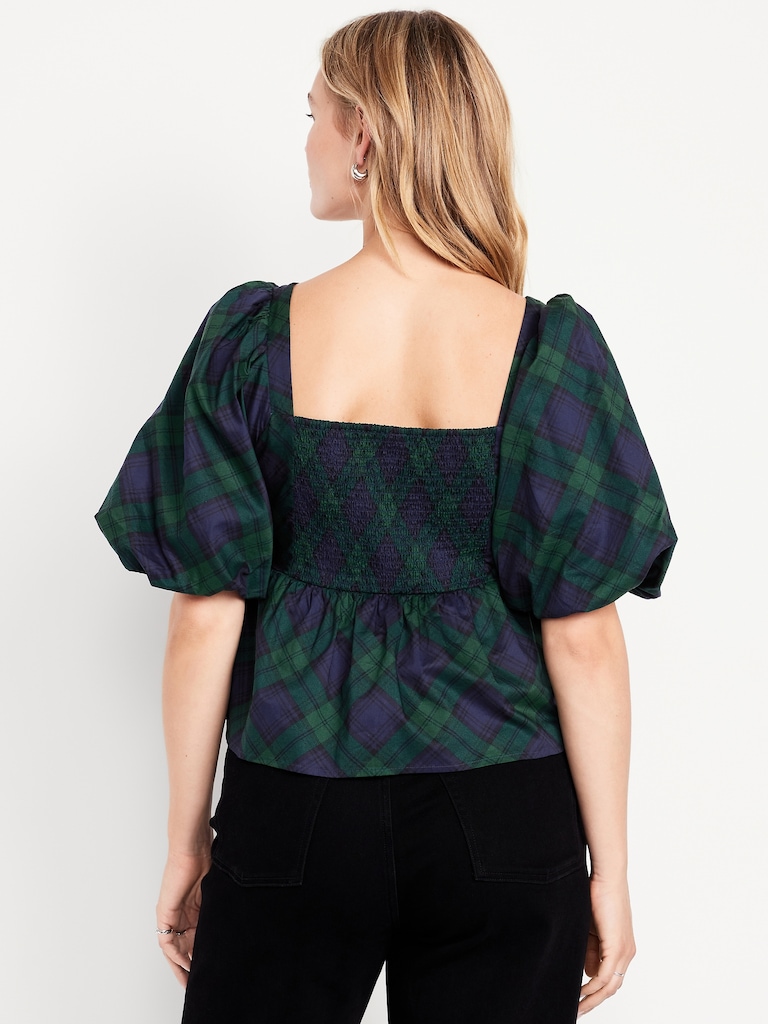 Puff-Sleeve Plaid Poplin Peplum Top
