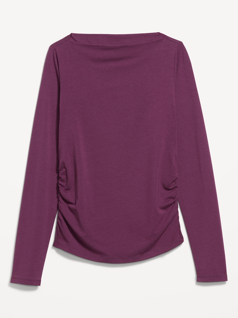 Long-Sleeve Slit-Neck Ruched Top