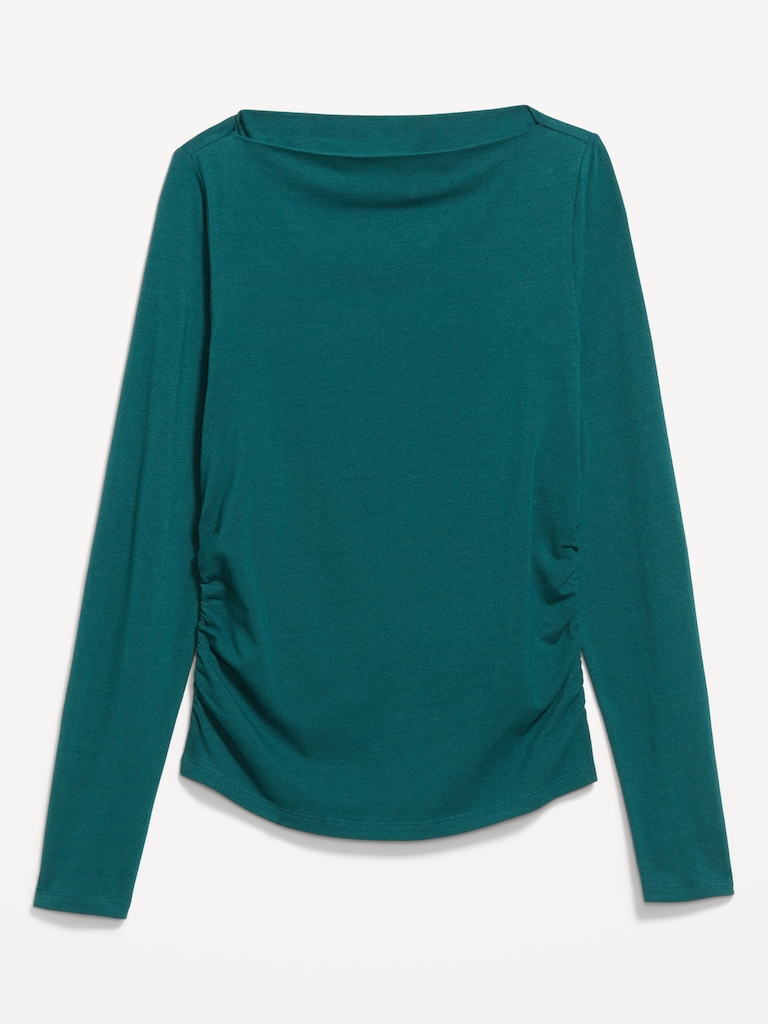 Long-Sleeve Slit-Neck Ruched Top