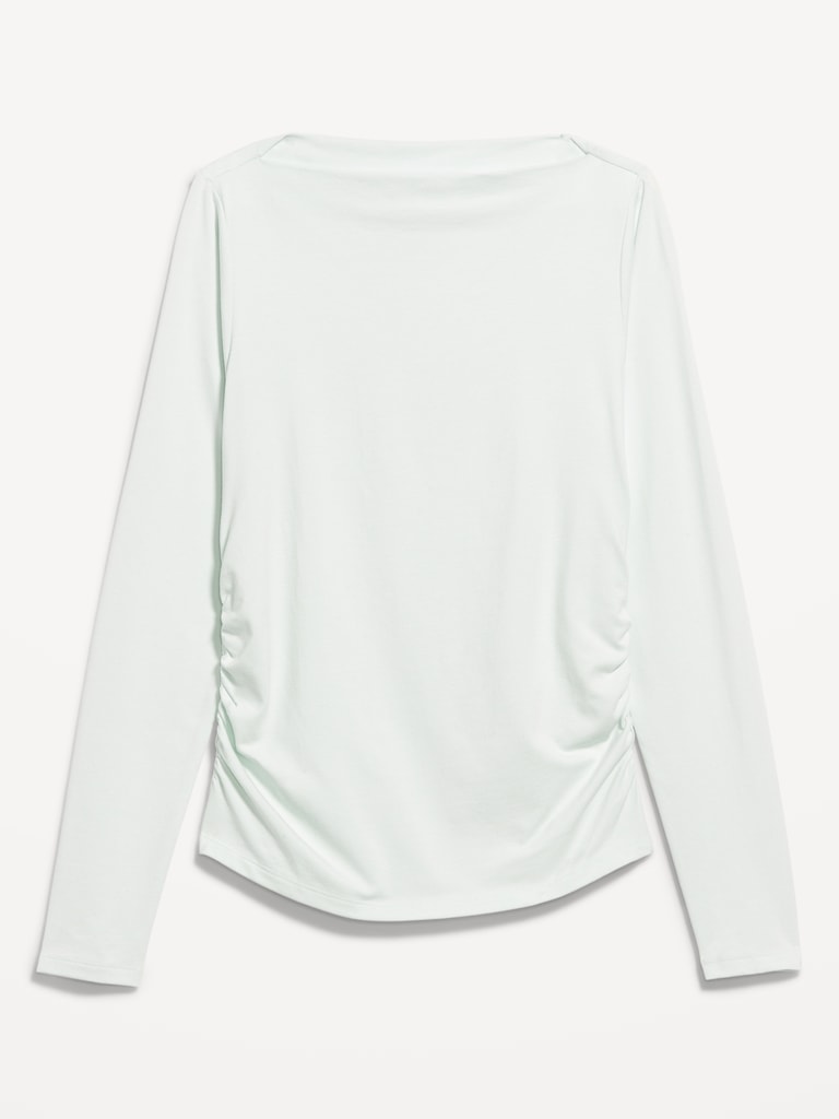 Long-Sleeve Slit-Neck Ruched Top