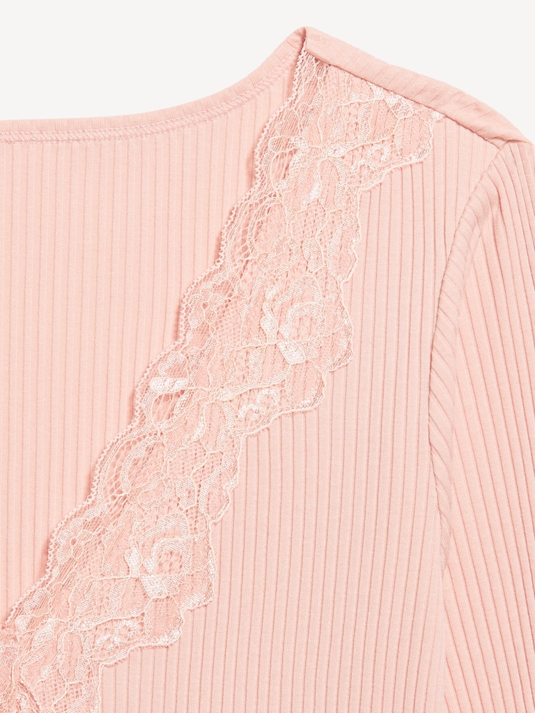 Lace-Trim V-Neck Ribbed Top