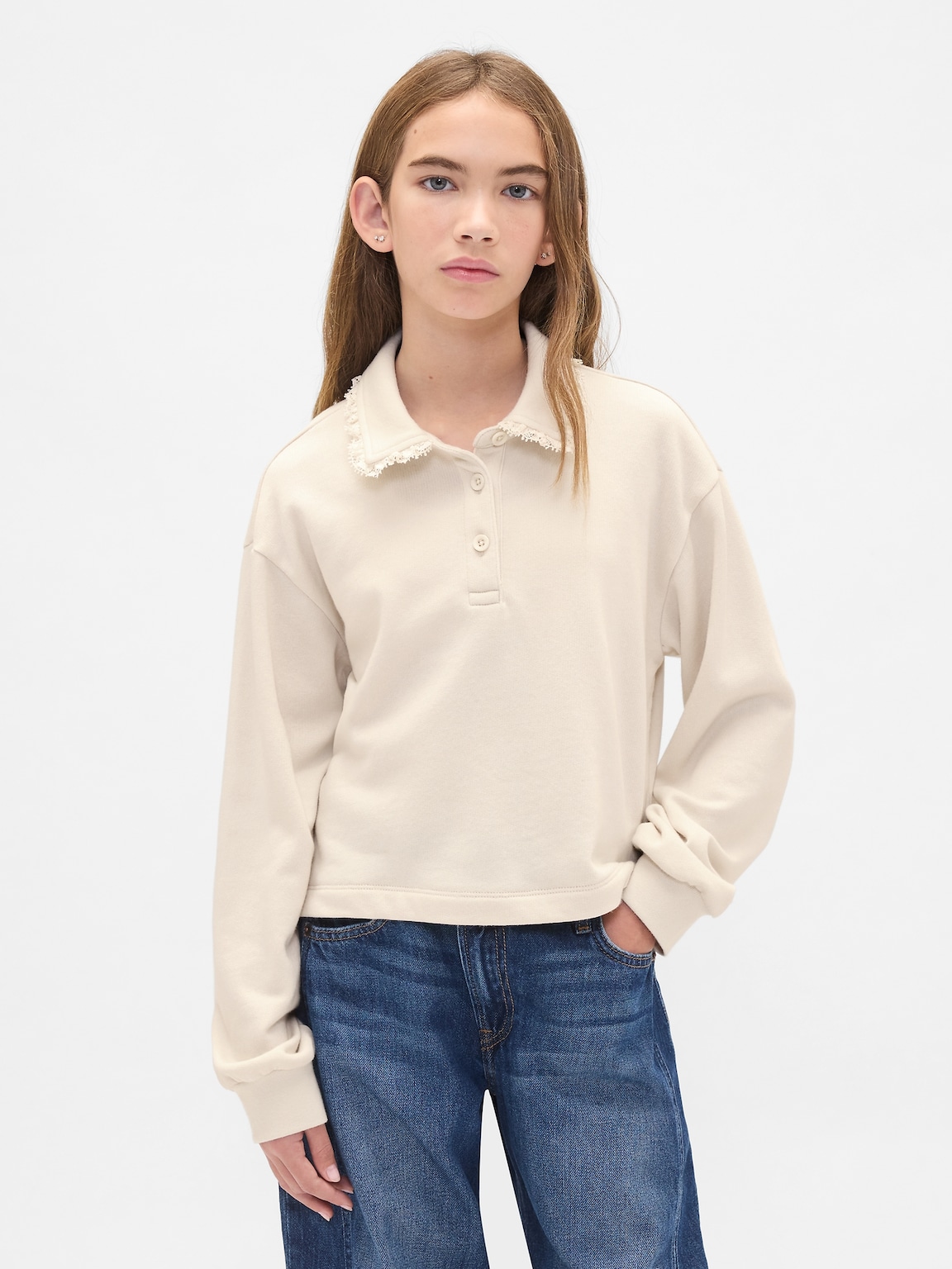 Kids French Terry Lace-Trim Polo Sweatshirt