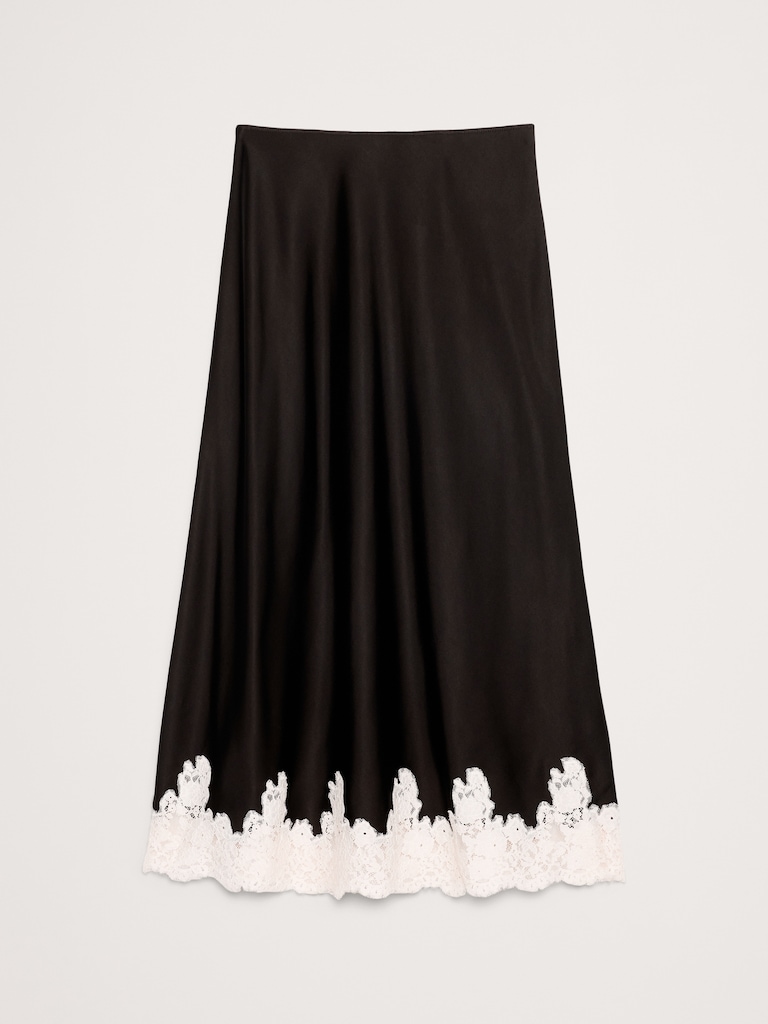 Stretch-Satin Lace-Hem Midi Skirt