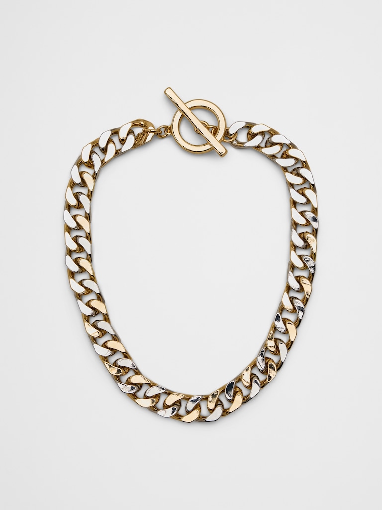 Mixed Metal Curb Chain Toggle Necklace