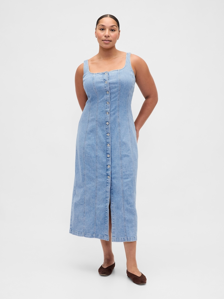 Denim Seamed Button-Front Maxi Dress
