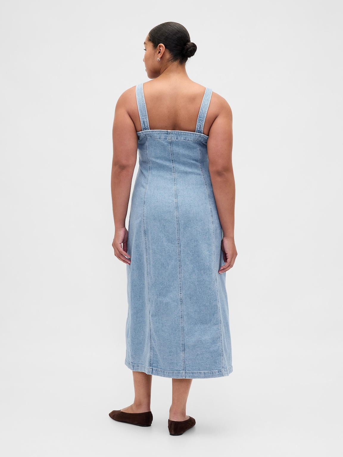 Denim Seamed Button-Front Maxi Dress