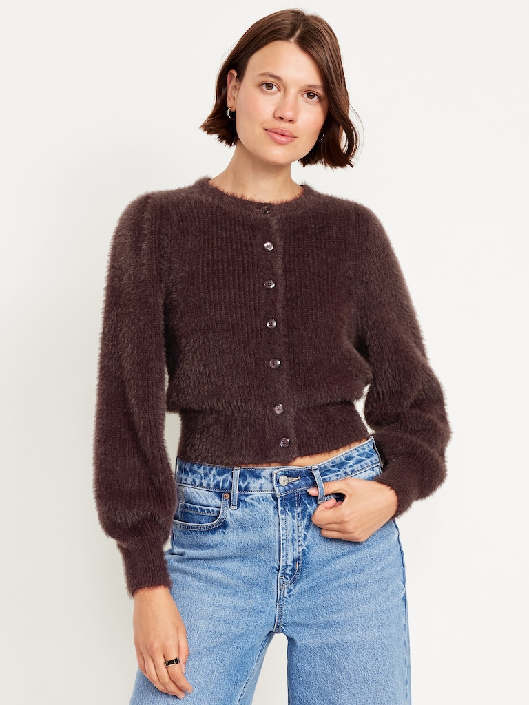 Cropped Eyelash Cardigan Sweater