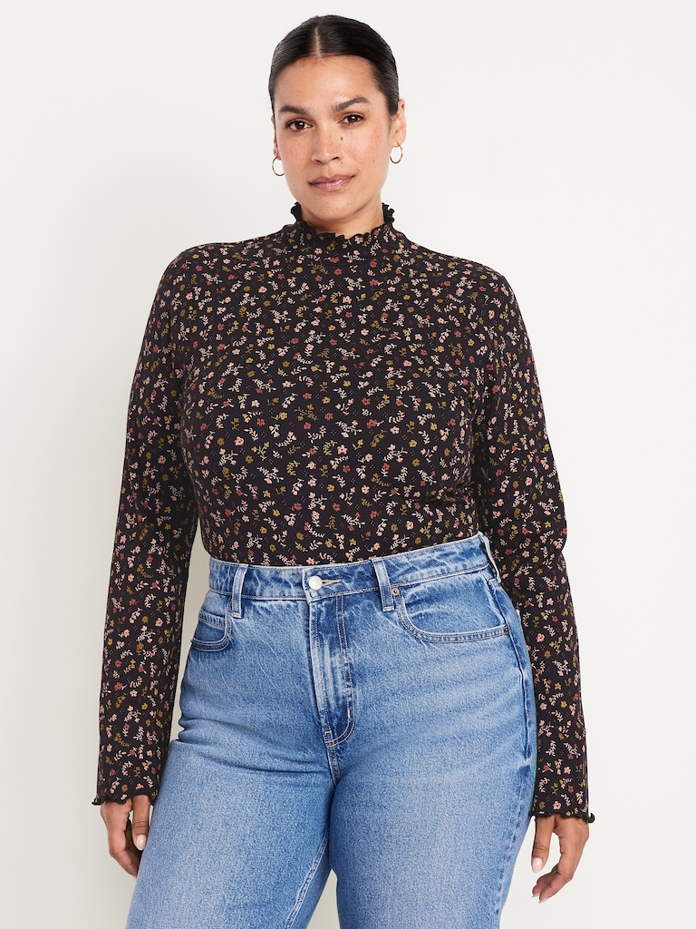 Mock-Neck Lettuce-Edge Rib Top