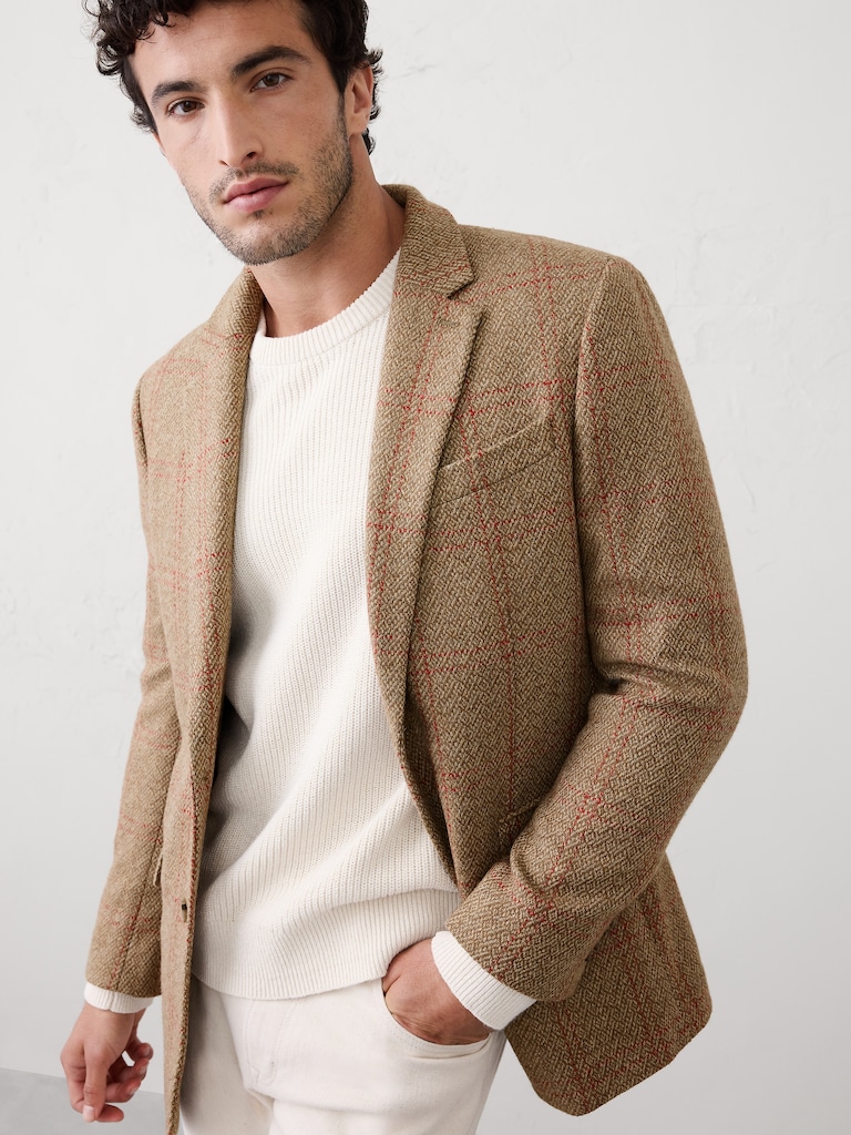 Tailored-Fit Wool-Blend Windowpane Jacket