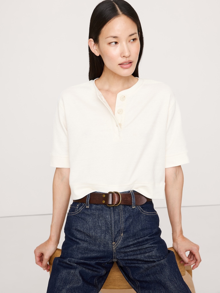 Waffle-Knit Cropped Henley