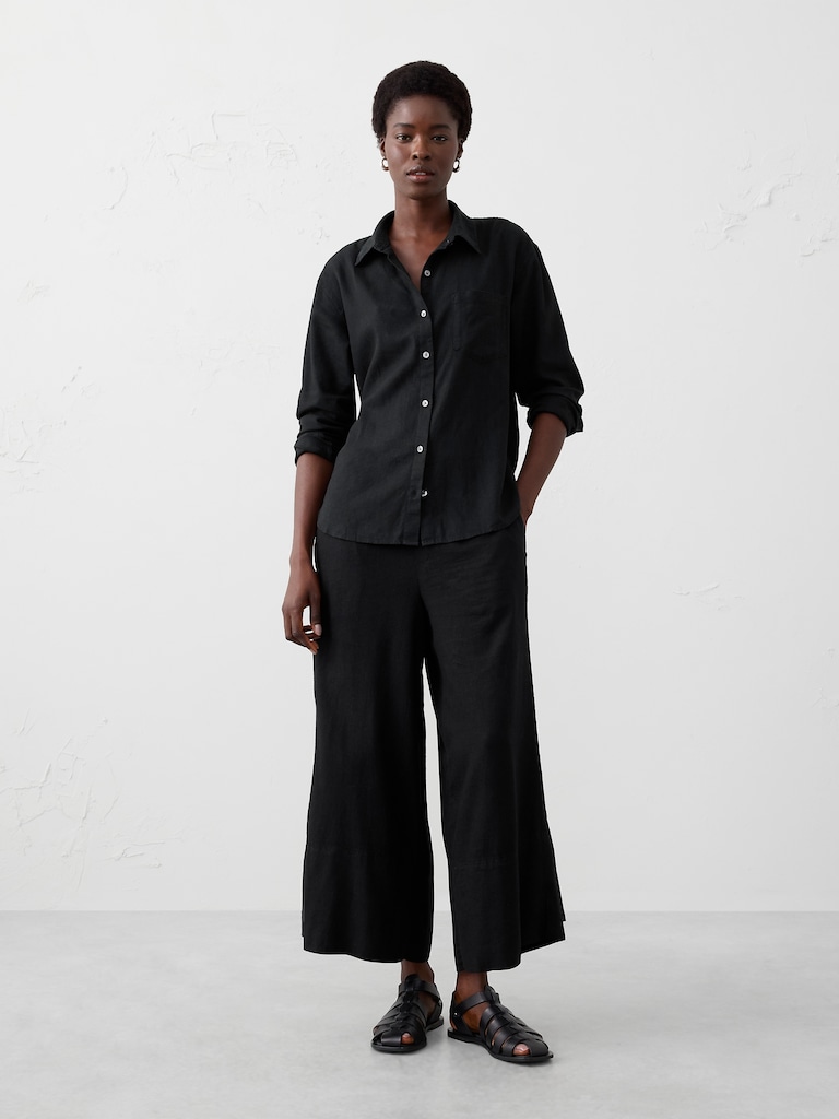 Wide-Leg High-Rise Linen-Blend Cropped Pull-On Pant