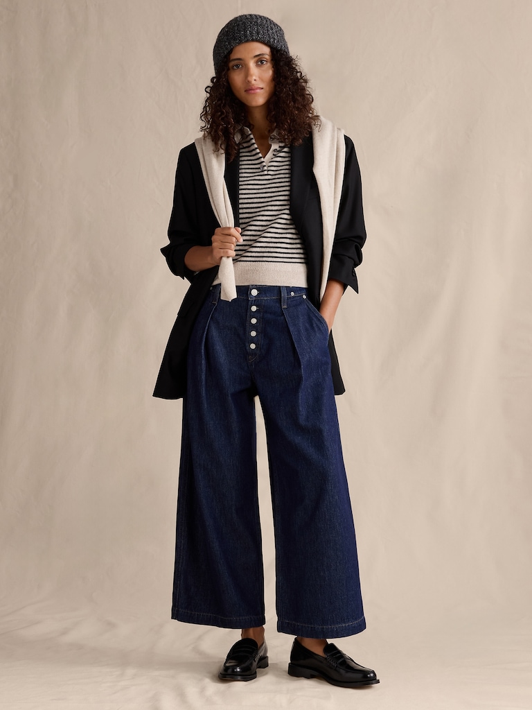 Mid-Rise Loose Pleated Ankle Jean