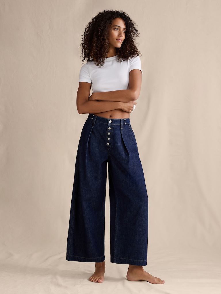 Mid-Rise Loose Pleated Ankle Jean