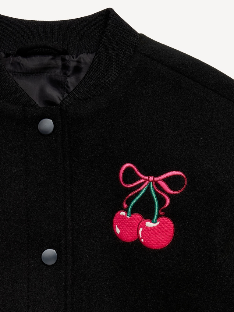 Loose Button-Front Letterman-Style Bomber Jacket for Girls