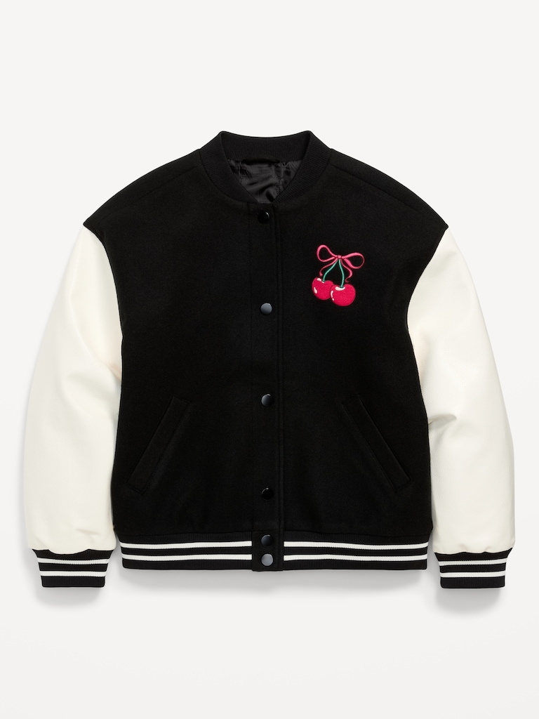 Loose Button-Front Letterman-Style Bomber Jacket for Girls
