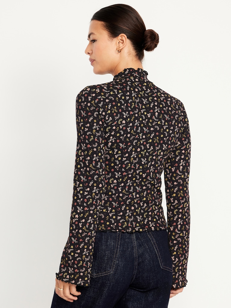 Mock-Neck Lettuce-Edge Rib Top