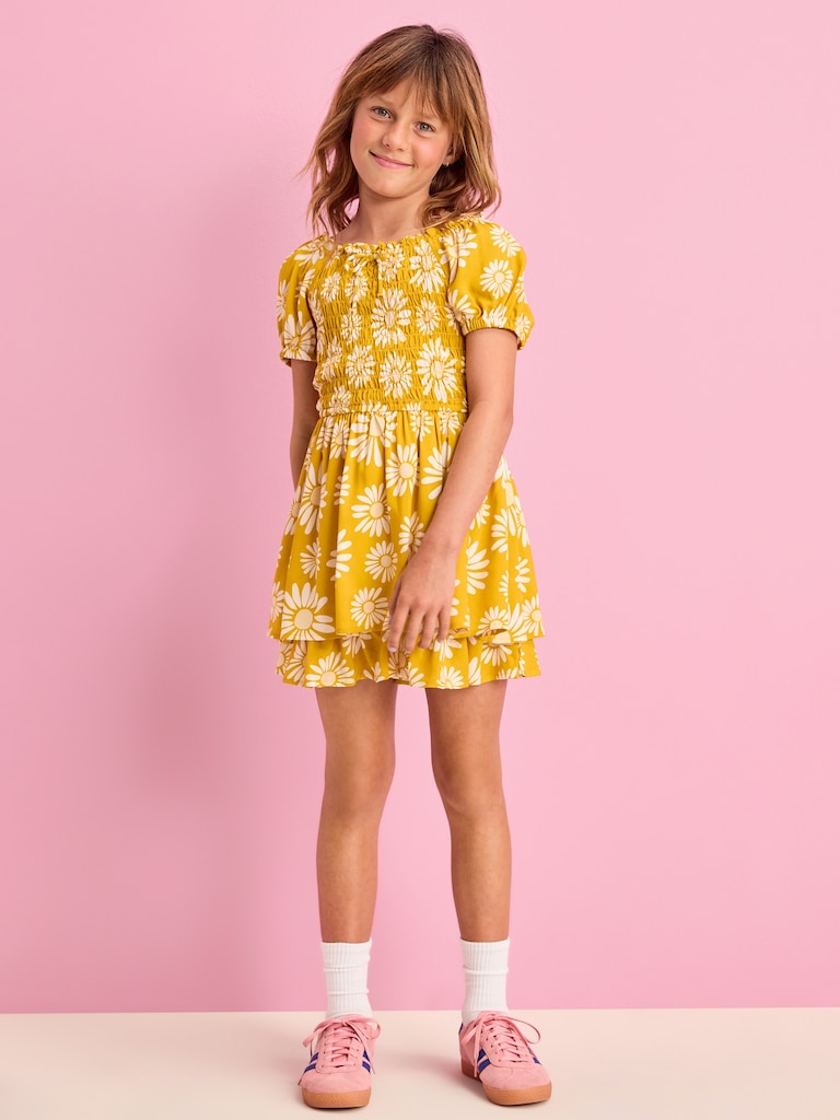 Printed Puff-Sleeve Smocked Dress for Girls