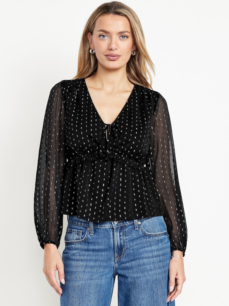Waist-Defined Ruffle-Trim Clip-Dot Top
