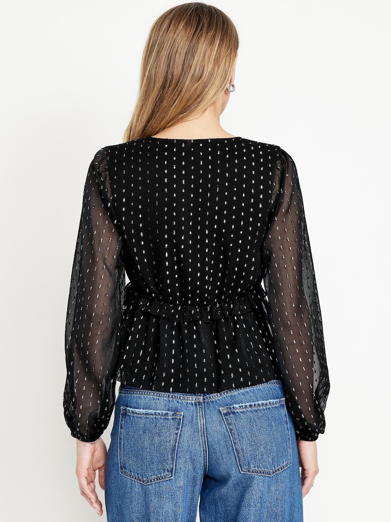 Waist-Defined Ruffle-Trim Clip-Dot Top